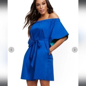 New York and Company Royal Cobalt Blue Poplin Off Shoulder Shift Dress NWT
